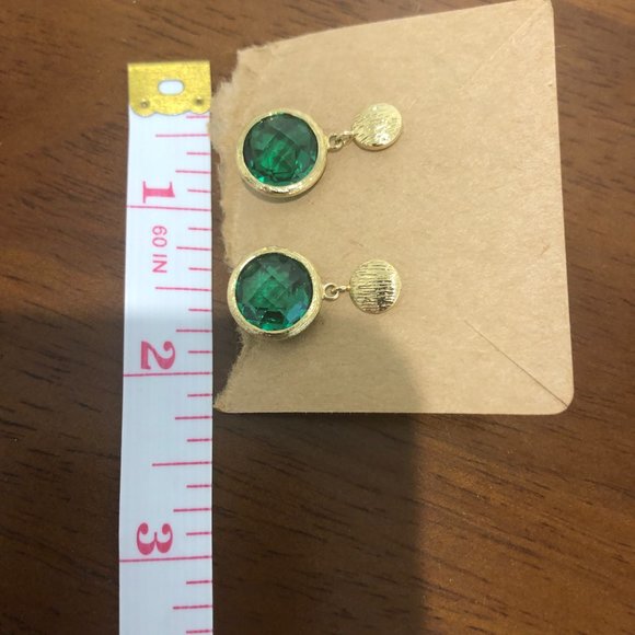 Sparkly Gold Tone Green Circular Drop Earrings. - Picture 8 of 13